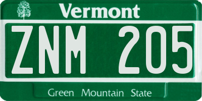 VT license plate ZNM205