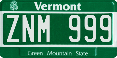 VT license plate ZNM999