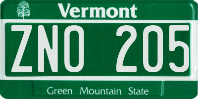 VT license plate ZNO205