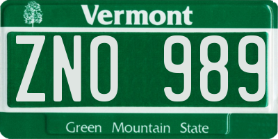 VT license plate ZNO989