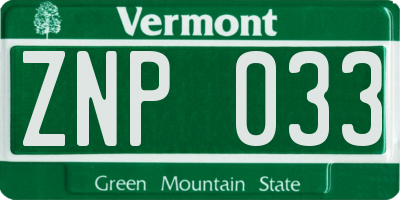 VT license plate ZNP033