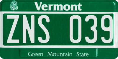 VT license plate ZNS039
