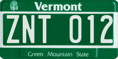 VT license plate ZNT012