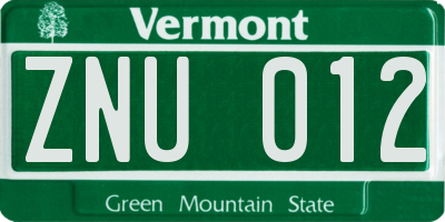 VT license plate ZNU012