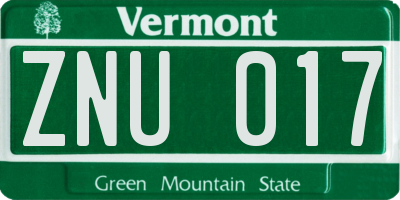 VT license plate ZNU017