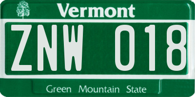 VT license plate ZNW018