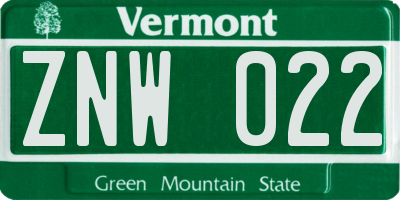 VT license plate ZNW022