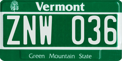 VT license plate ZNW036