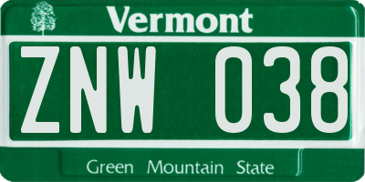 VT license plate ZNW038