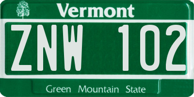 VT license plate ZNW102