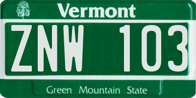 VT license plate ZNW103