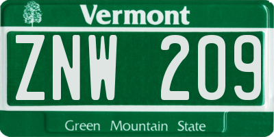 VT license plate ZNW209