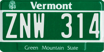 VT license plate ZNW314