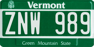 VT license plate ZNW989
