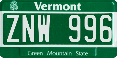 VT license plate ZNW996