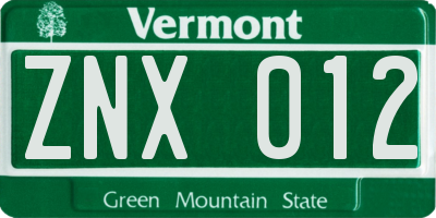VT license plate ZNX012