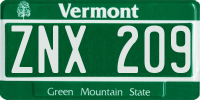 VT license plate ZNX209