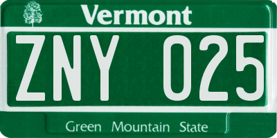VT license plate ZNY025