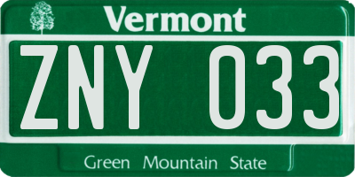 VT license plate ZNY033