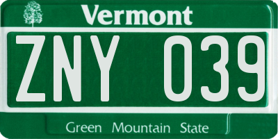 VT license plate ZNY039