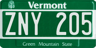 VT license plate ZNY205
