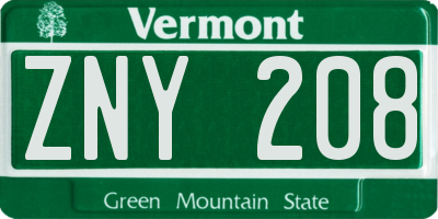 VT license plate ZNY208