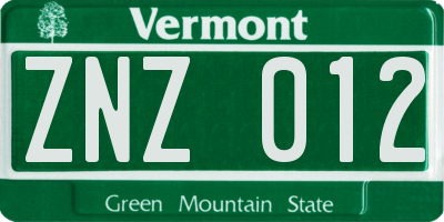 VT license plate ZNZ012