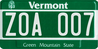VT license plate ZOA007
