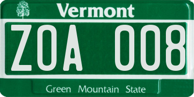 VT license plate ZOA008