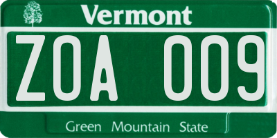 VT license plate ZOA009