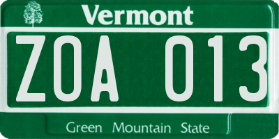 VT license plate ZOA013