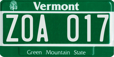 VT license plate ZOA017