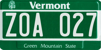 VT license plate ZOA027
