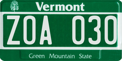 VT license plate ZOA030