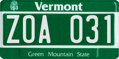VT license plate ZOA031