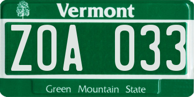 VT license plate ZOA033