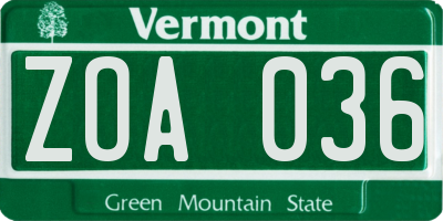VT license plate ZOA036