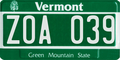 VT license plate ZOA039