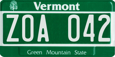 VT license plate ZOA042