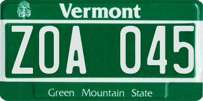 VT license plate ZOA045