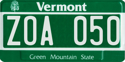VT license plate ZOA050