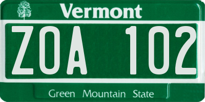 VT license plate ZOA102
