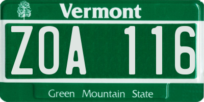 VT license plate ZOA116