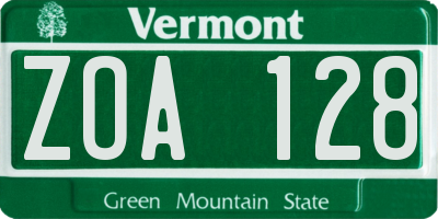 VT license plate ZOA128