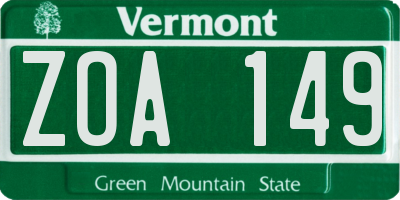 VT license plate ZOA149