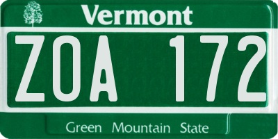 VT license plate ZOA172