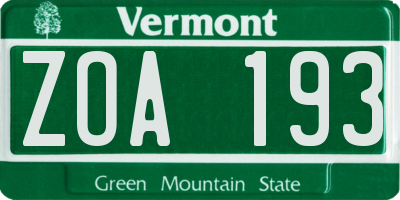 VT license plate ZOA193