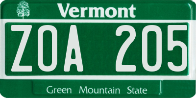 VT license plate ZOA205