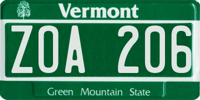 VT license plate ZOA206
