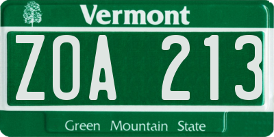 VT license plate ZOA213